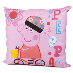 Coussin PEPPA PIG (42x42cm) microfibre rose et motif velo - chambre enfant