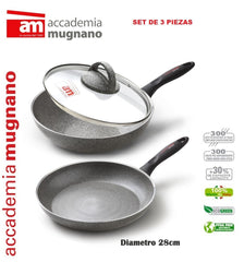 Set 2 Poêles diametre 28 cm avec un couvercle en verre- effet pierre- LINEA DURA