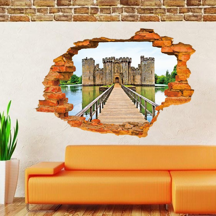 Sticker murale effet 3D Trompe l'œil motif château fort 60 x 90 cm