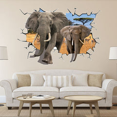 Sticker murale effet 3D Trompe l'œil Afrique deux éléphantes 100 x 70 cm