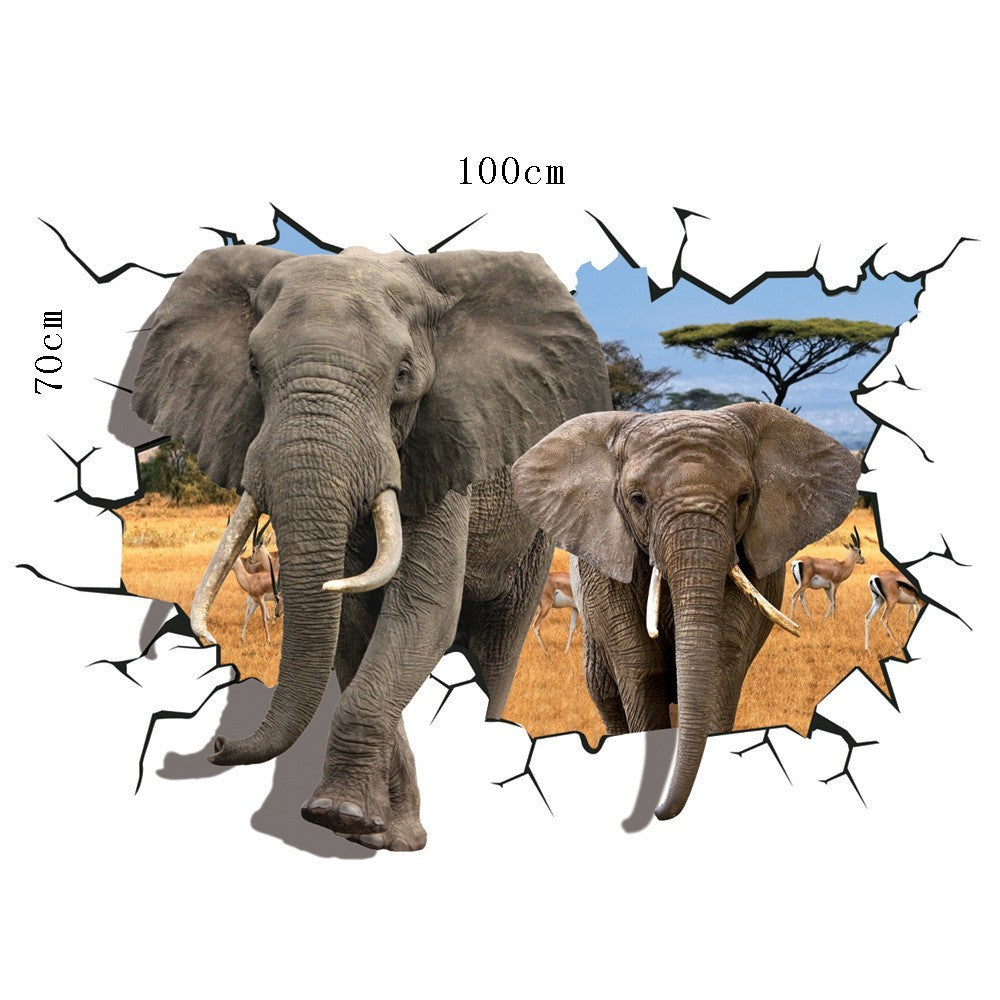 Sticker murale effet 3D Trompe l'œil Afrique deux éléphantes 100 x 70 cm