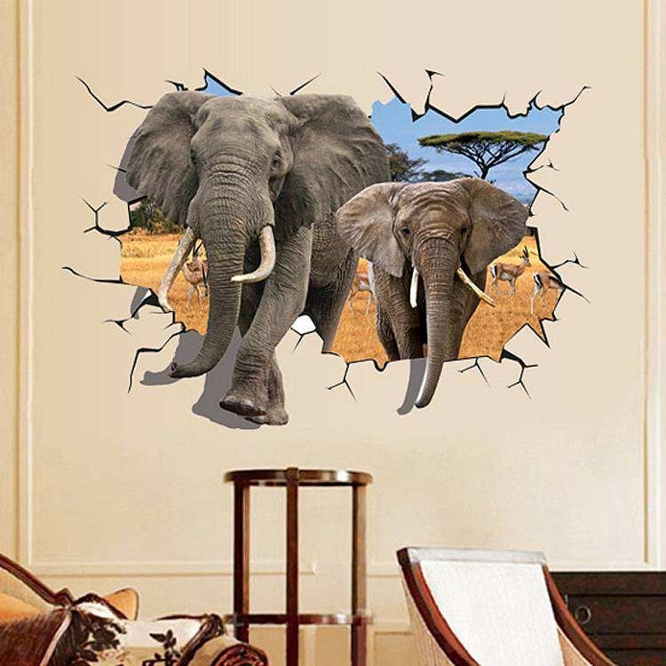 Sticker murale effet 3D Trompe l'œil Afrique deux éléphantes 100 x 70 cm