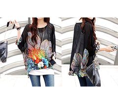 Blouse en mousseline de soie oversize asymétrique avec imprimé floral - Noir