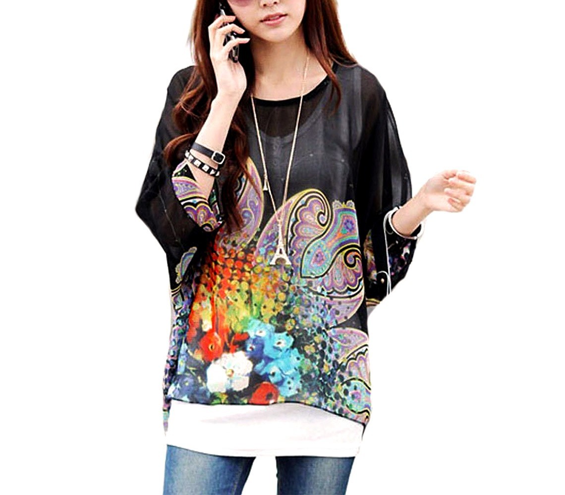 Blouse en mousseline de soie oversize asymétrique avec imprimé floral - Noir