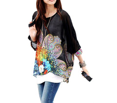 Blouse en mousseline de soie oversize asymétrique avec imprimé floral - Noir