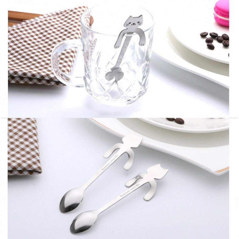 Set 4 cuillères à thé CAT avec clip de support en acier inoxydable