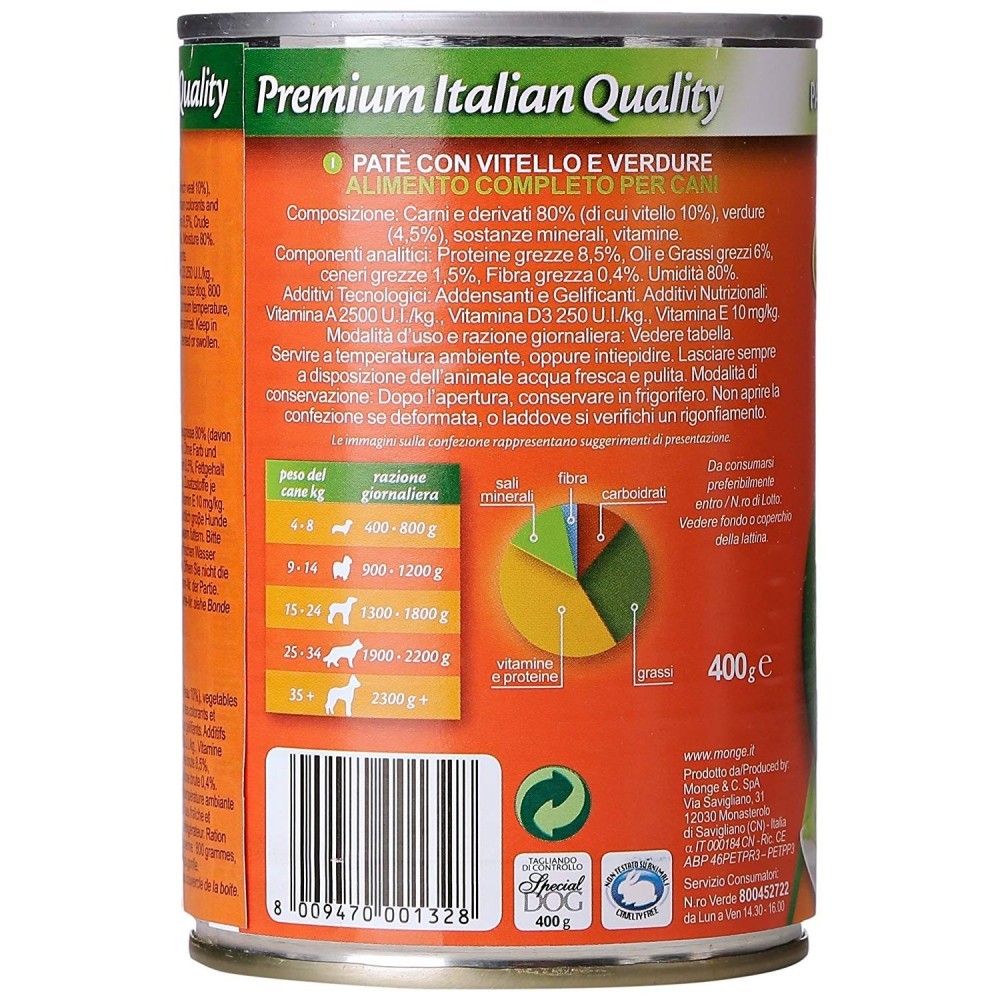 Pack 24 boites Monge SPECIAL DOG ​​Pâté de veau et légumes 400gr