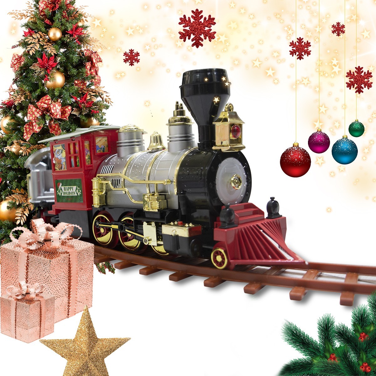 Train d’arbre de Noël batterie 258108 avec lumières et sons 36 pièces 80x19 cm