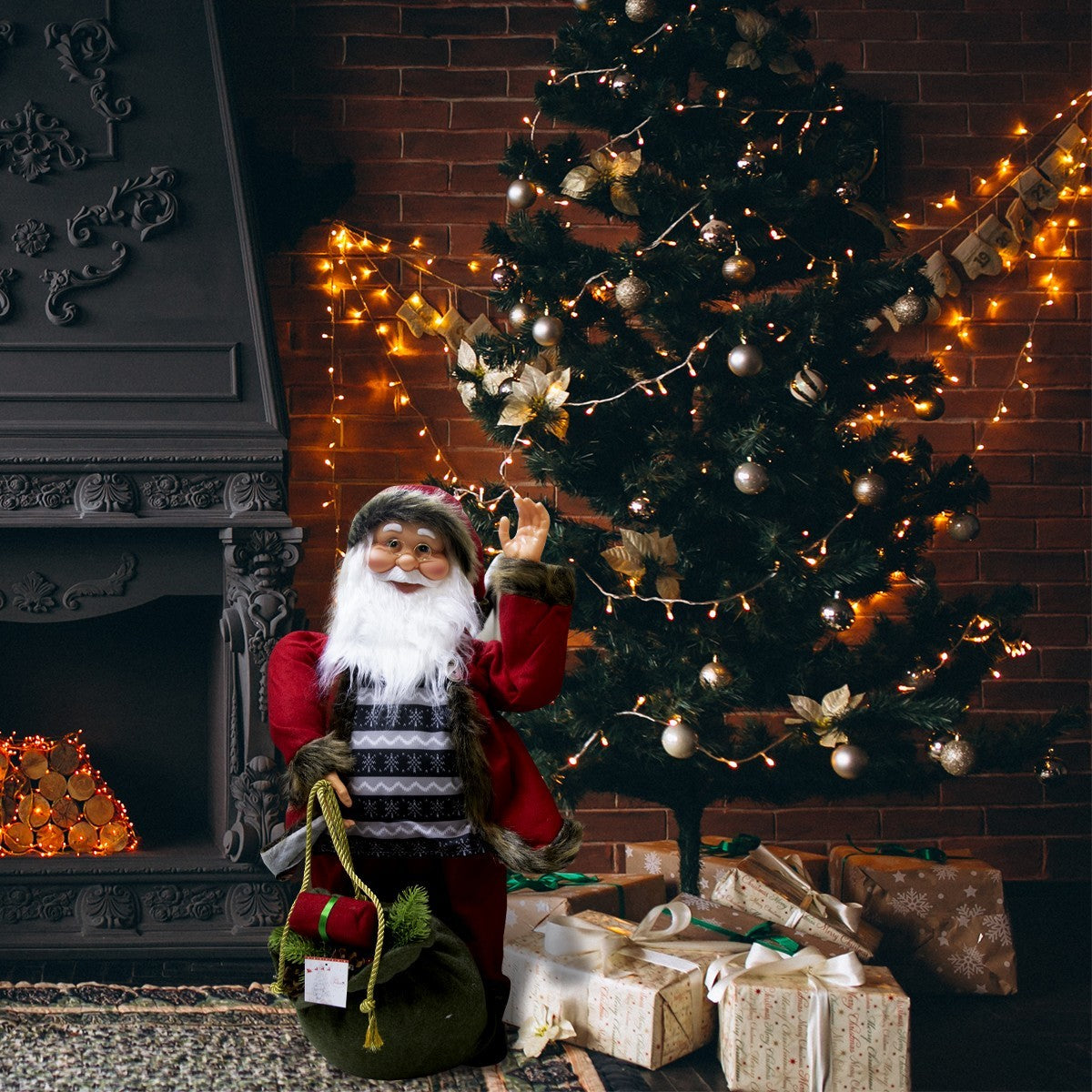 Père Noël rouge et gris 80cm 900669 décoration musique lumières et mouvement