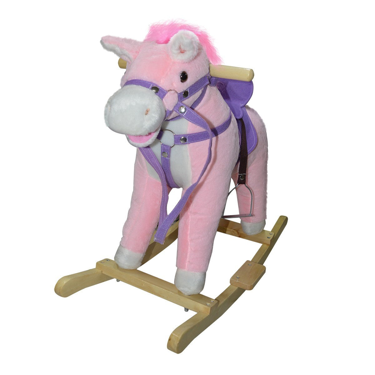 Cheval à bascule en peluche et bois 432013 bouge la bouche et fait le vers ROSE