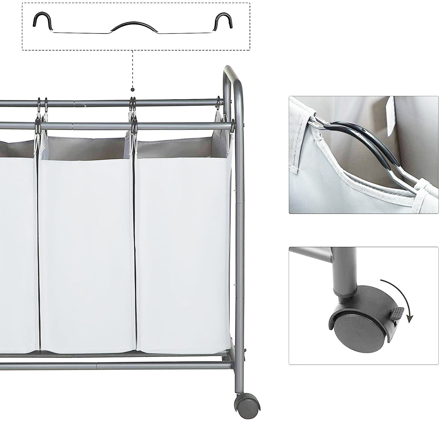 Panier Porte-objets et linge 3 sacs amovibles et roulettes Panier Linge