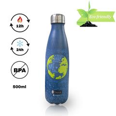 Bouteille MONDE acier double paroi ID0033 réutilisable 500ml bleu sans BPA
