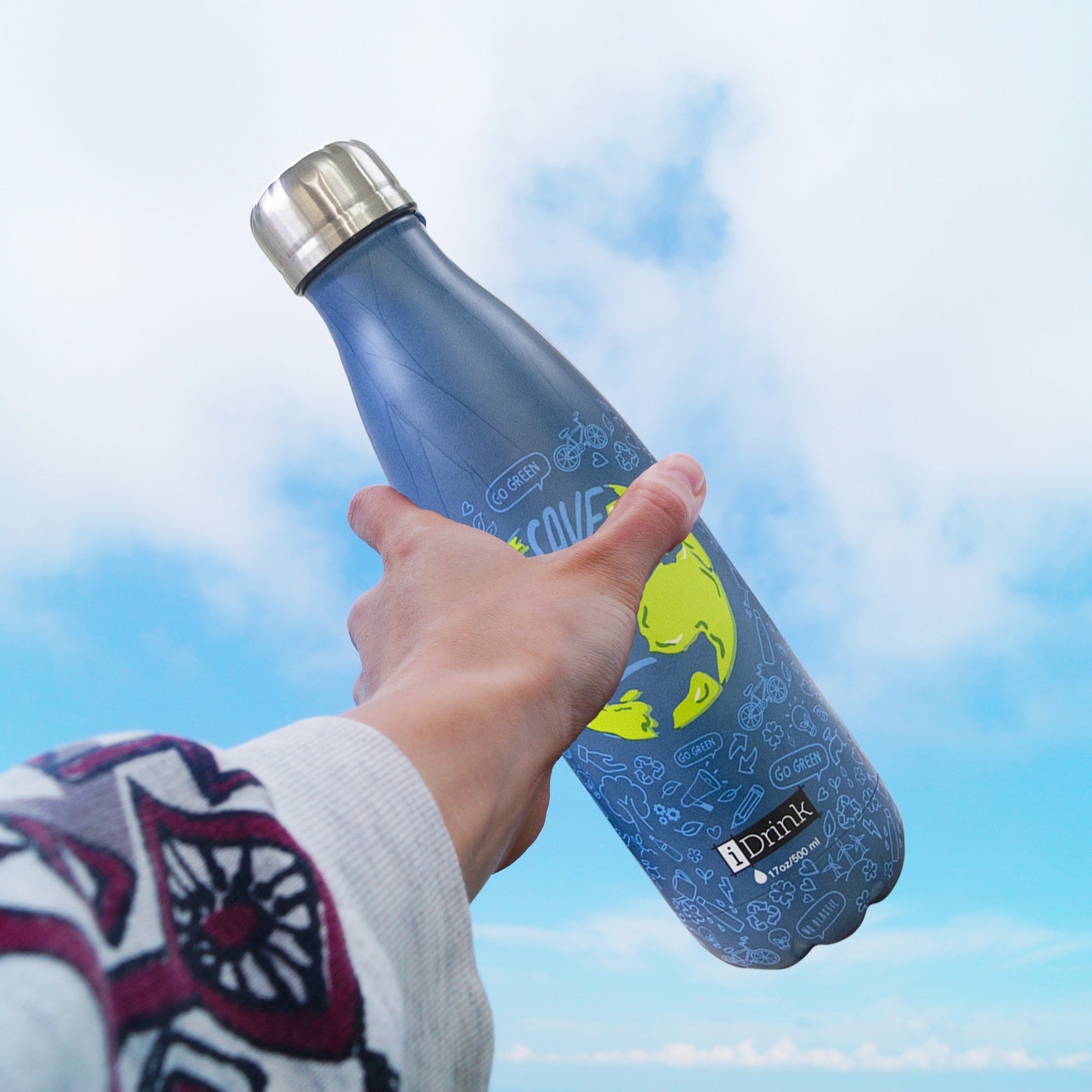 Bouteille MONDE acier double paroi ID0033 réutilisable 500ml bleu sans BPA