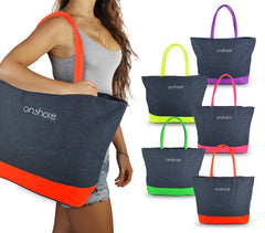 0658T Sac de plage modèle Onshore effet jeans double poignée détails fluo
