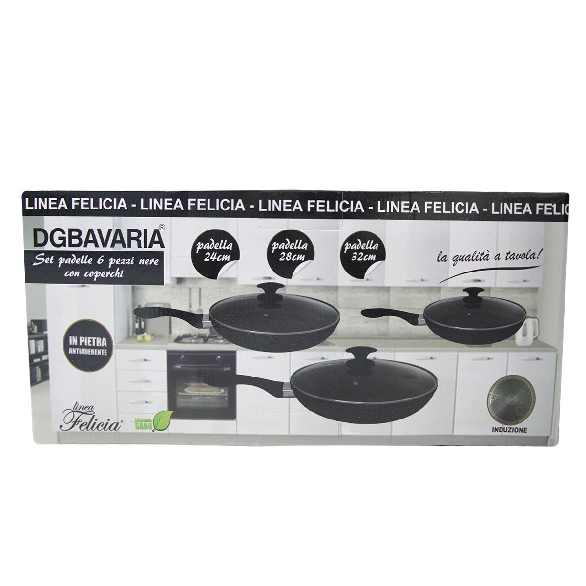 354001 DGBAVARIA Set de 3 poêles en pierre noire avec couvercles 24-28-32 cm