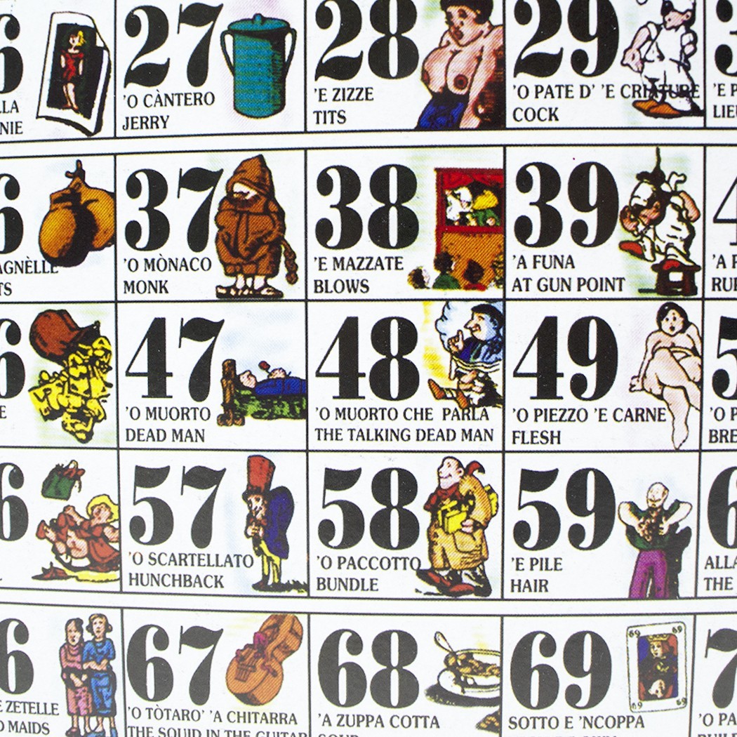 Tombola de la grimace napolitaine 423192 avec 90 numéros de bois et 48 dossiers
