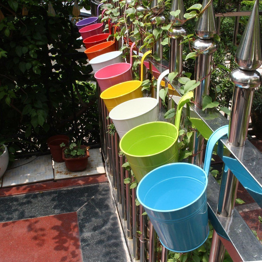 Set 10 pots porte-fleurs en fer 10xH10cm avec trou de drainage, crochet amovible
