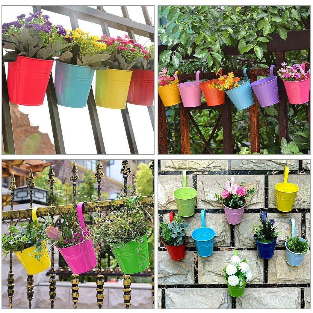 Set 10 pots porte-fleurs en fer 10xH10cm avec trou de drainage, crochet amovible