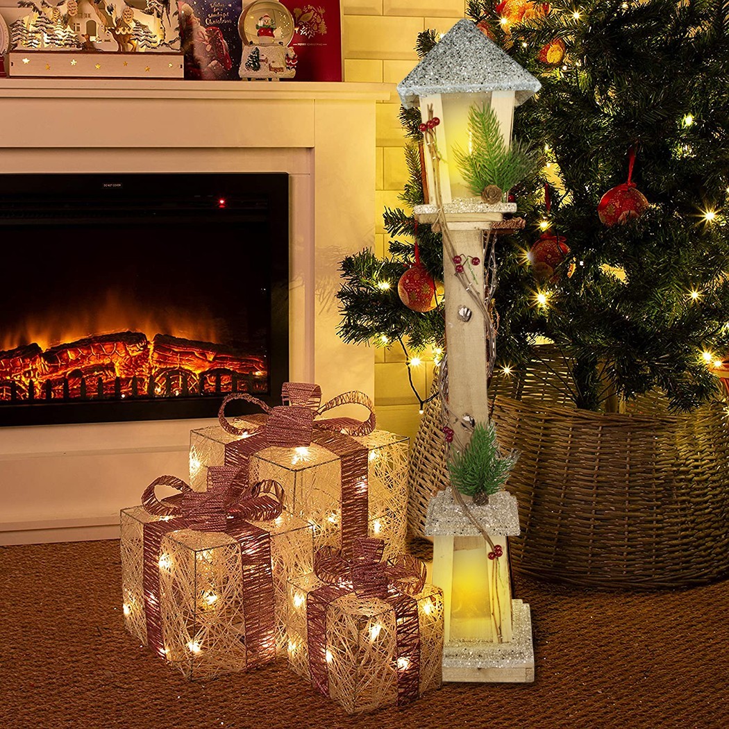 Lampadaire De Noël 293021 En Bois Paillettes Or Lanterne H85 Cm 15 Led Chaude