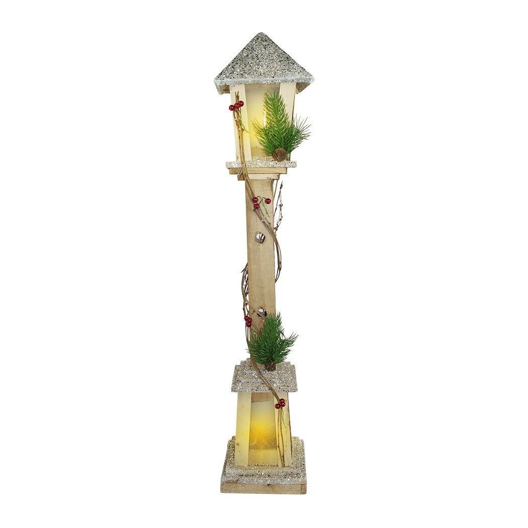 Lampadaire De Noël 293021 En Bois Paillettes Or Lanterne H85 Cm 15 Led Chaude