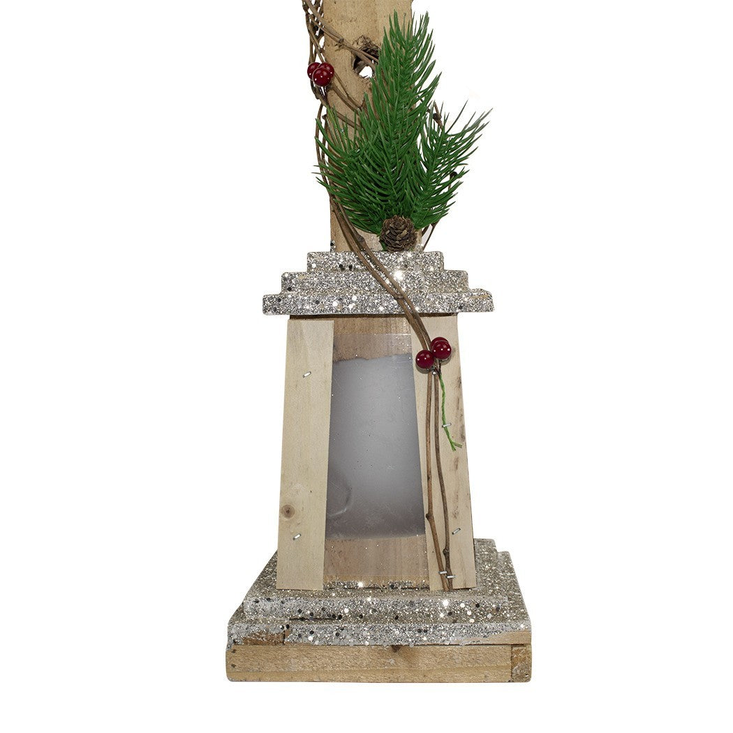 Lampadaire De Noël 293021 En Bois Paillettes Or Lanterne H85 Cm 15 Led Chaude