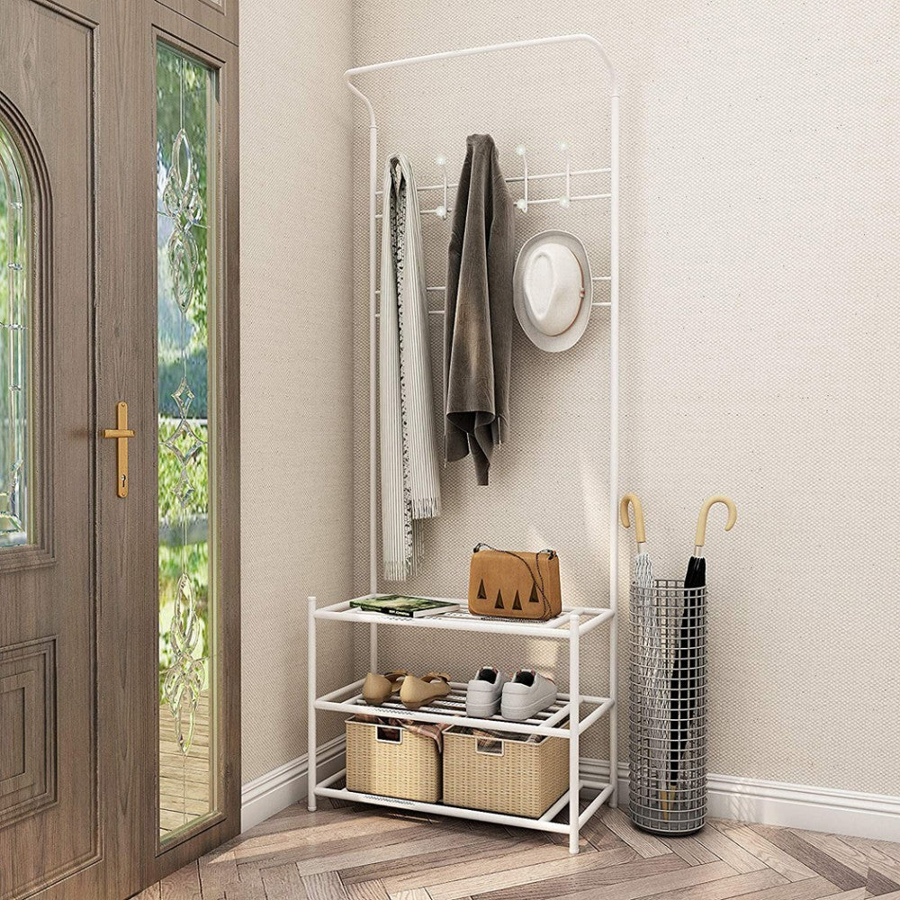 Stand avec porte-vêtements blanc pour le couloir 3 étagères 65x29xH190 cm