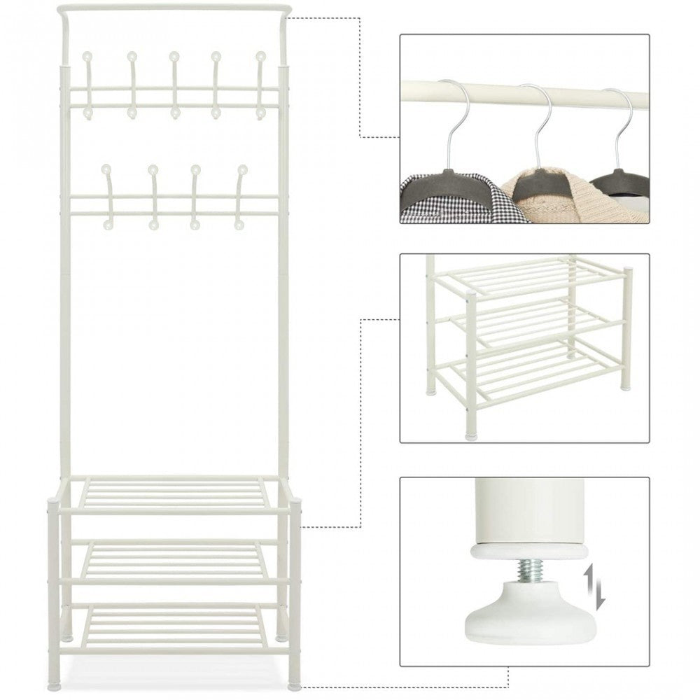 Stand avec porte-vêtements blanc pour le couloir 3 étagères 65x29xH190 cm