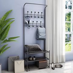Portemanteau NOIR avec porte-chaussures pour le couloir 3 étagères 65x29xH190 cm