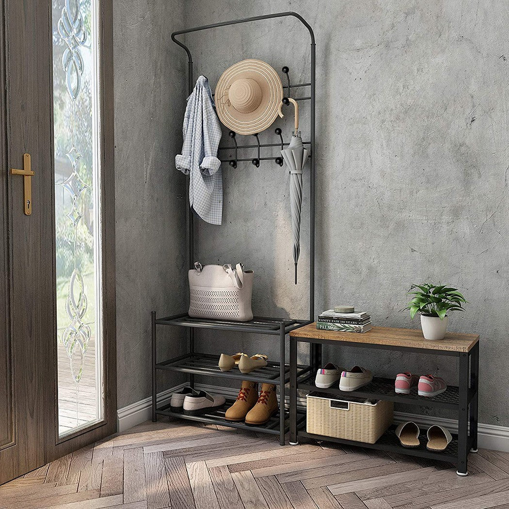 Portemanteau NOIR avec porte-chaussures pour le couloir 3 étagères 65x29xH190 cm