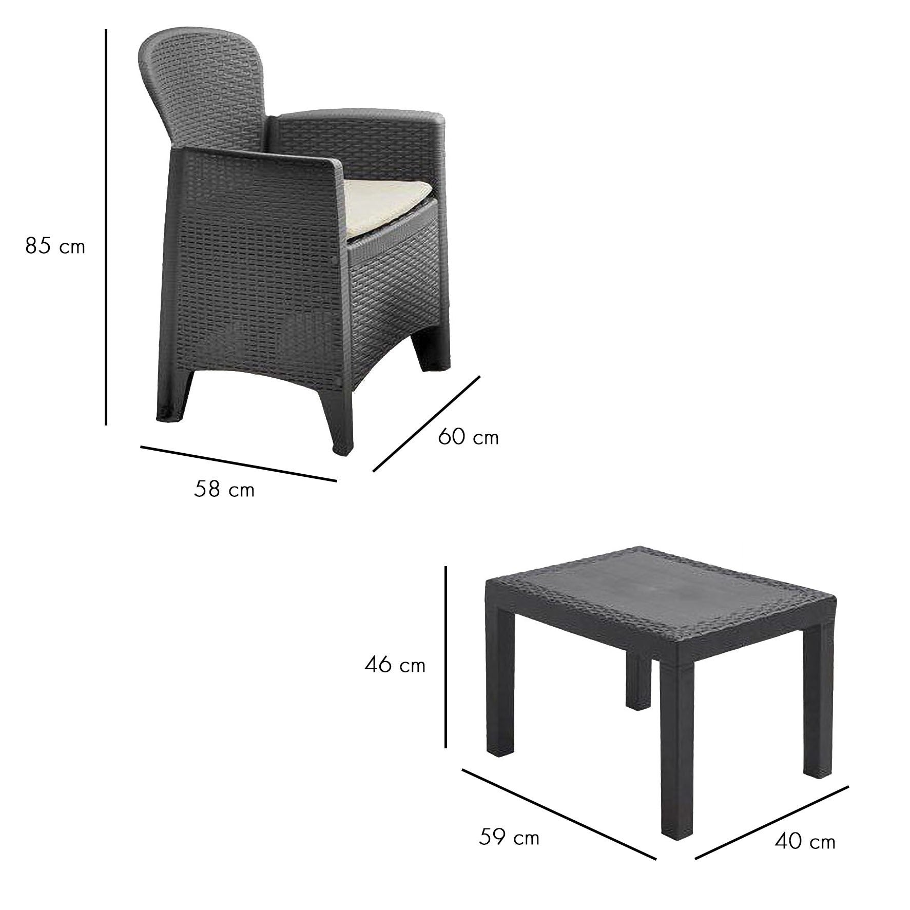 Salon pour intérieur ou extérieur AKITA Polirrattan gris 2 fauteuils table basse