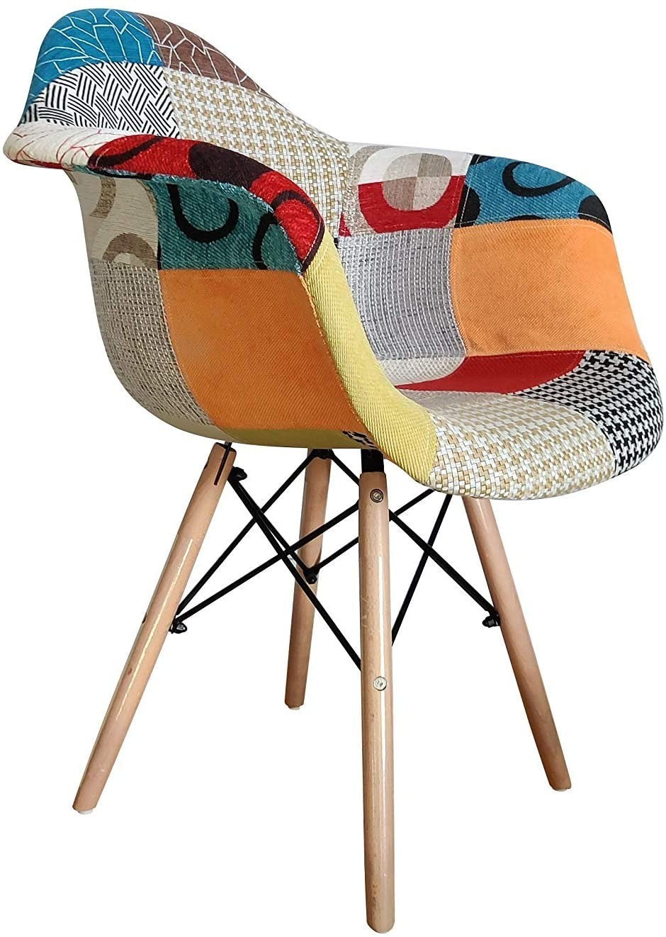 Fauteuil EIFFEL en tissu patchwork avec assise et pieds en bois tendre