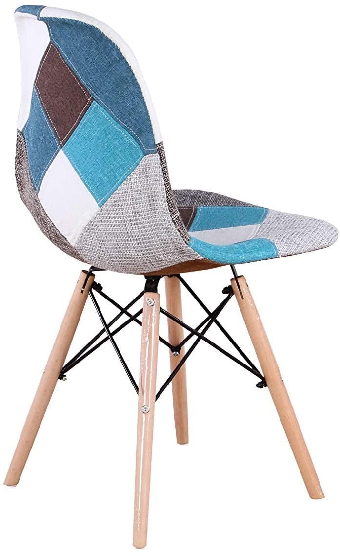 Chaise fantaisie BLEU patchwork  48x54x85 cm pieds bois et assise moelleuse