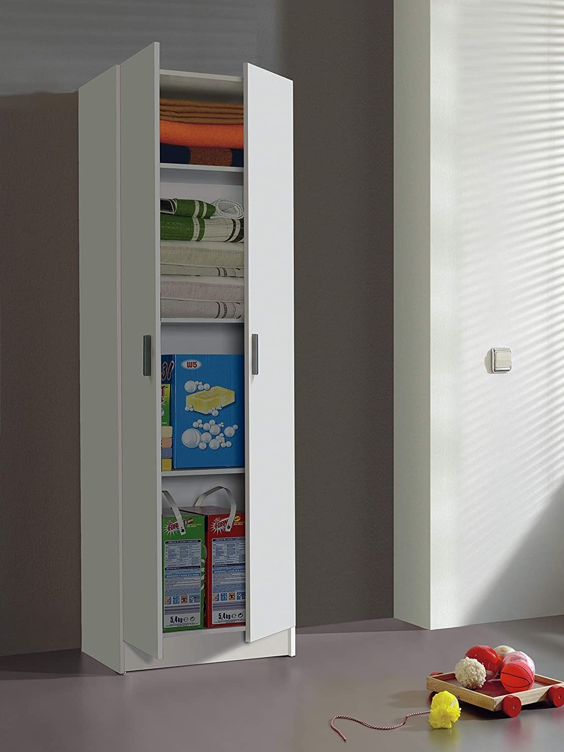 Armoire polyvalente Meuble 2 Portes 4 étagères Blanc en Mélamine 59x37x180cm