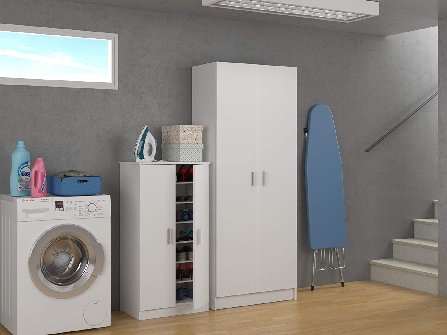 Étagère à Chaussures mobile Armoire 2 Portes 7 Étagères en bois blanc 108x55x36
