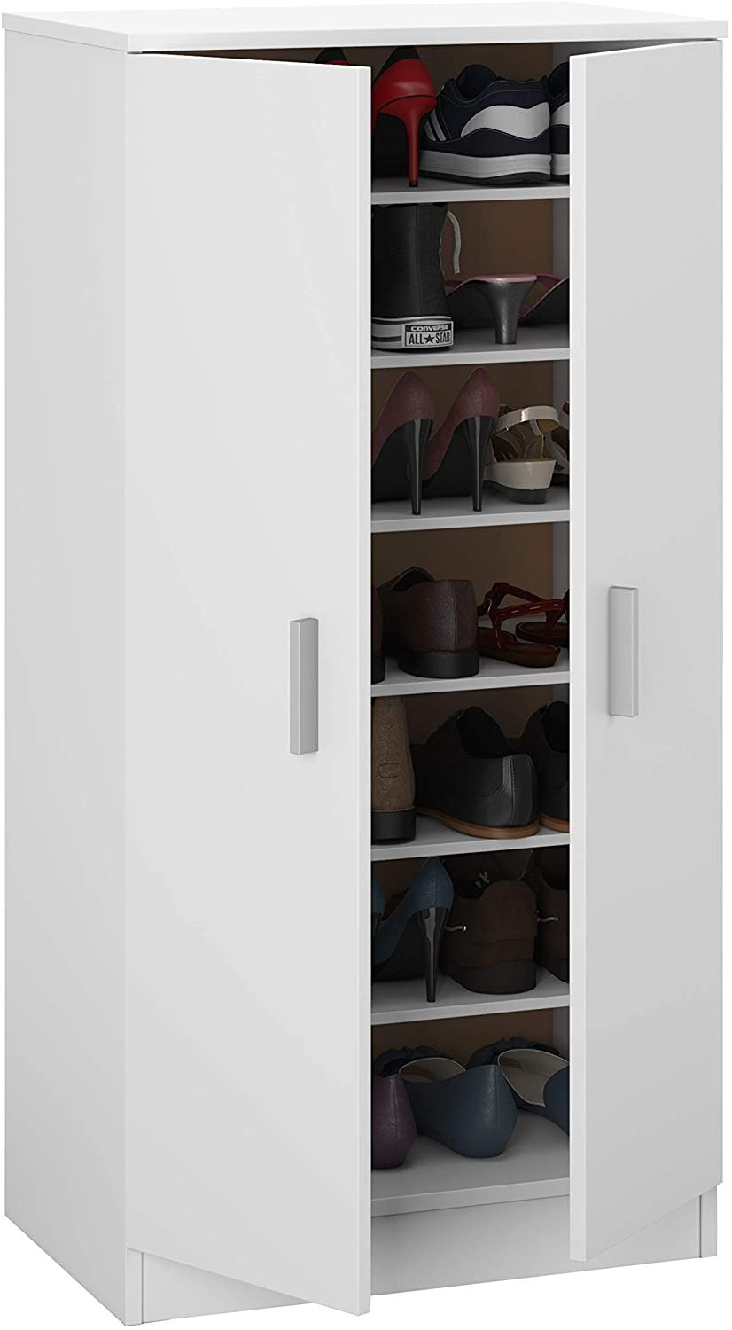 Étagère à Chaussures mobile Armoire 2 Portes 7 Étagères en bois blanc 108x55x36