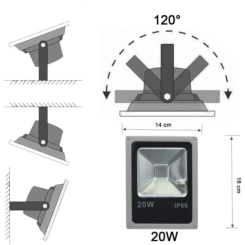 Phare LED couleur RGB 20w support à 120° d’angle et protection contre la pluie