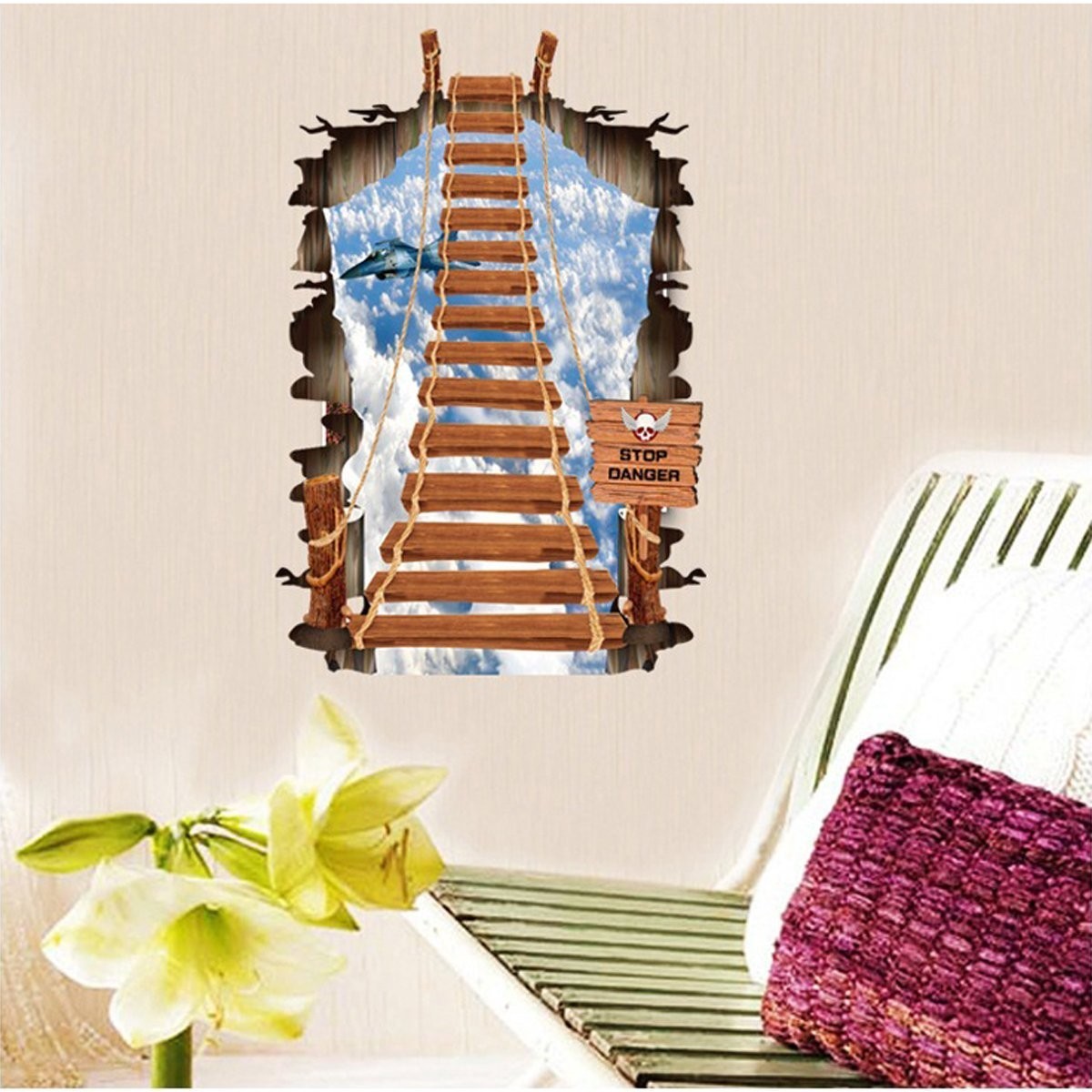 Autocollant effet 3d décoratif "Le pont suspendu" sticker mural 60x90 cm