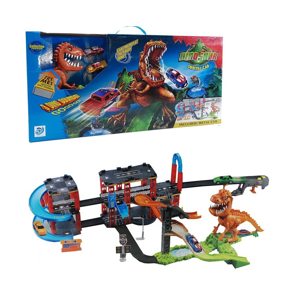 Piste Acrobatique 4 mt Dinosaur avec 2 Voitures Double Piste avec Effets Sonores