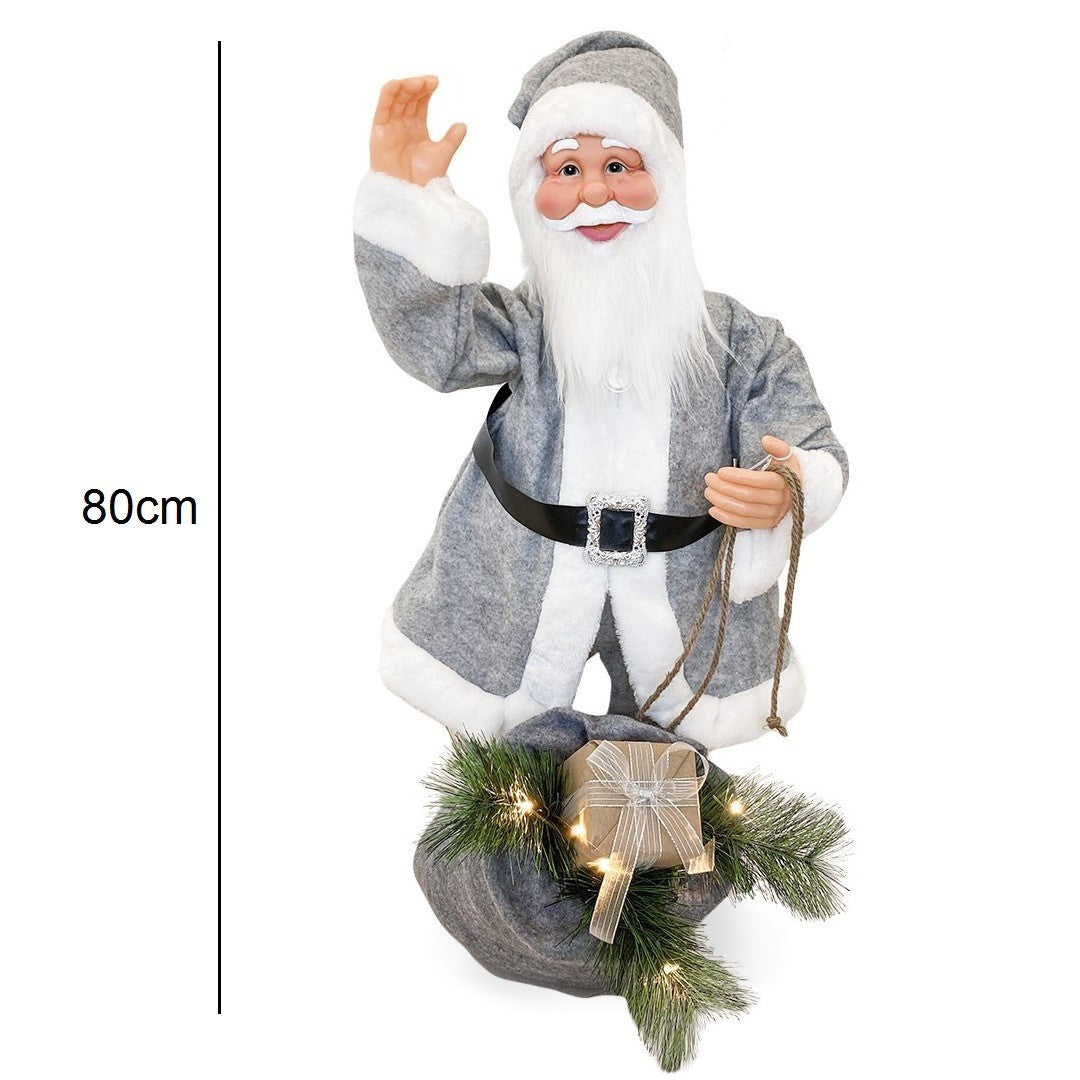 Père Noël gris 144209 Décorations 80H cm avec son, lumière et mouvement
