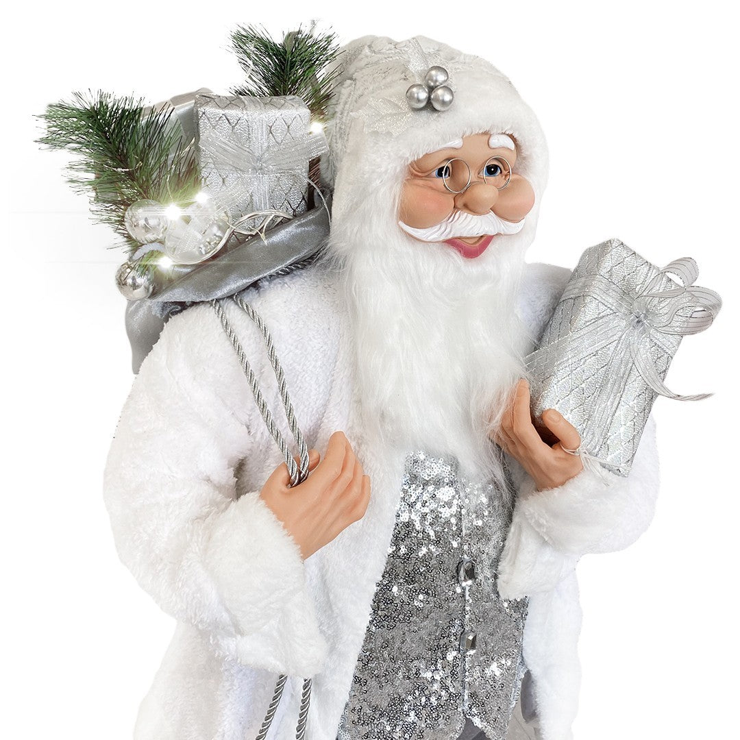 Santa Blanc Et Argent Robe En Velours 110H Cm Avec Lumières Et Sons