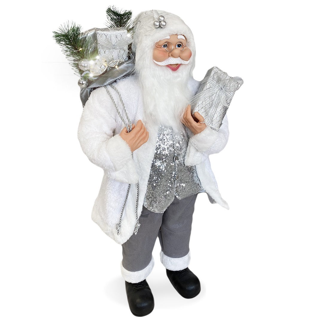 Santa Blanc et Argent Robe en velours 90H cm avec Lumières et Sons
