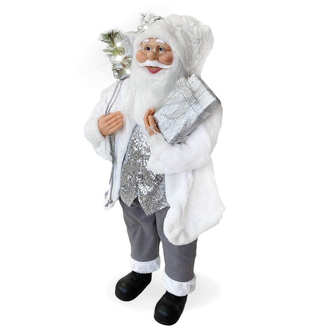 Santa Blanc et Argent Robe de velours 120H cm avec Lumières et Sons