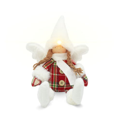 Fée de Noel assise avec robe écossaise Décoration avec lumière 12X8cm