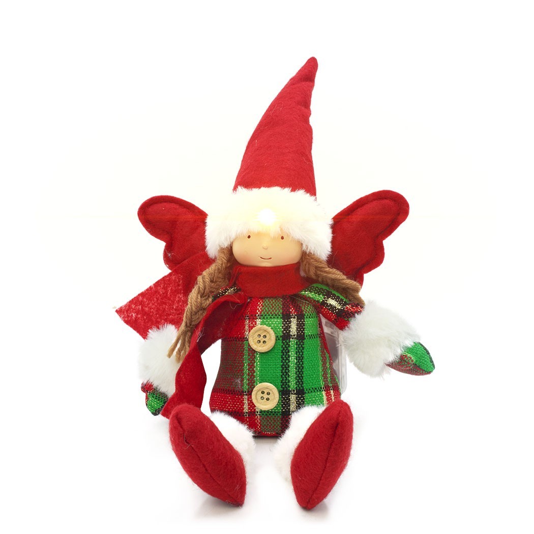 Fée de Noel assise avec robe écossaise Décoration avec lumière 12X8cm
