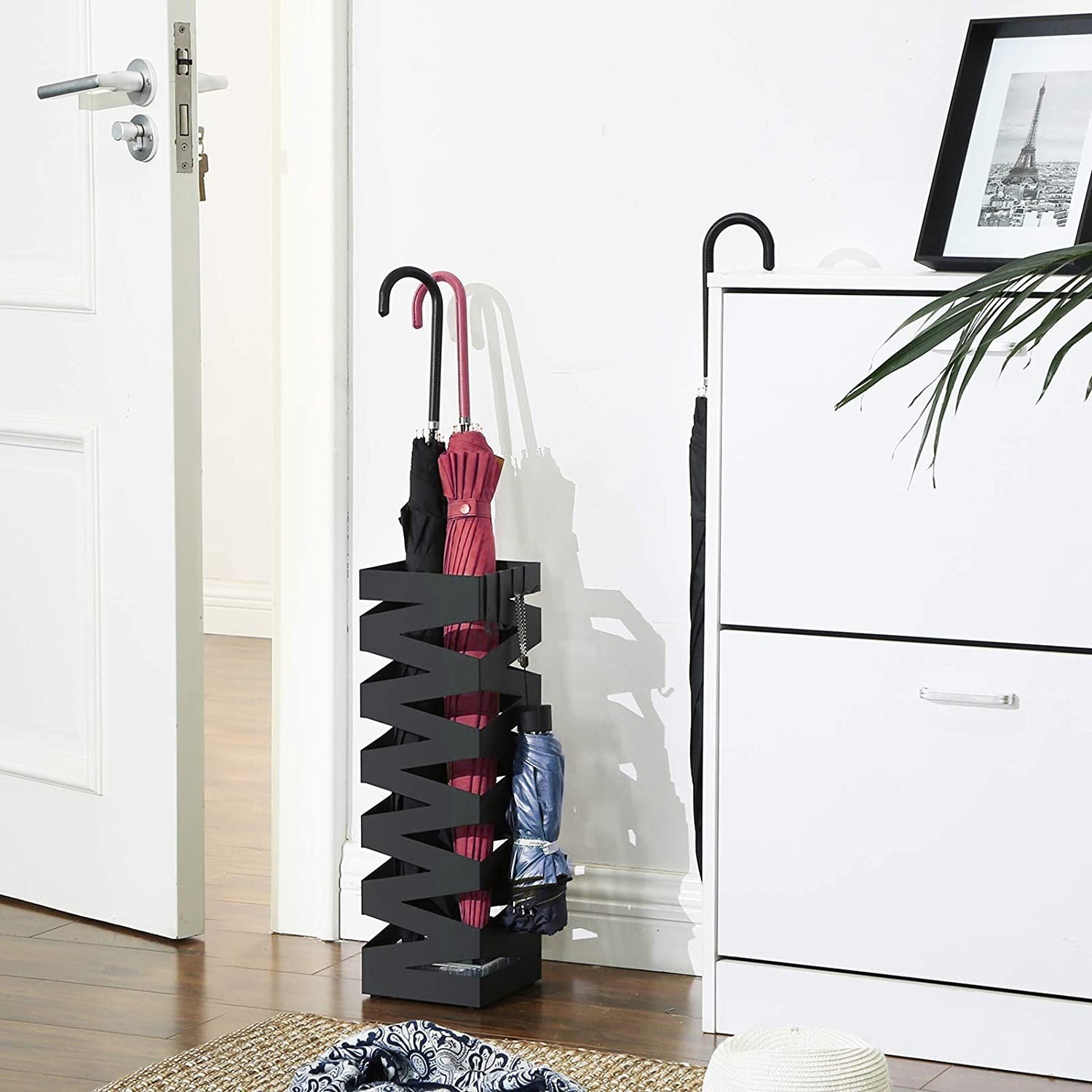 Porte-parapluies en métal noir carré design moderne crochets 49x15,5cm