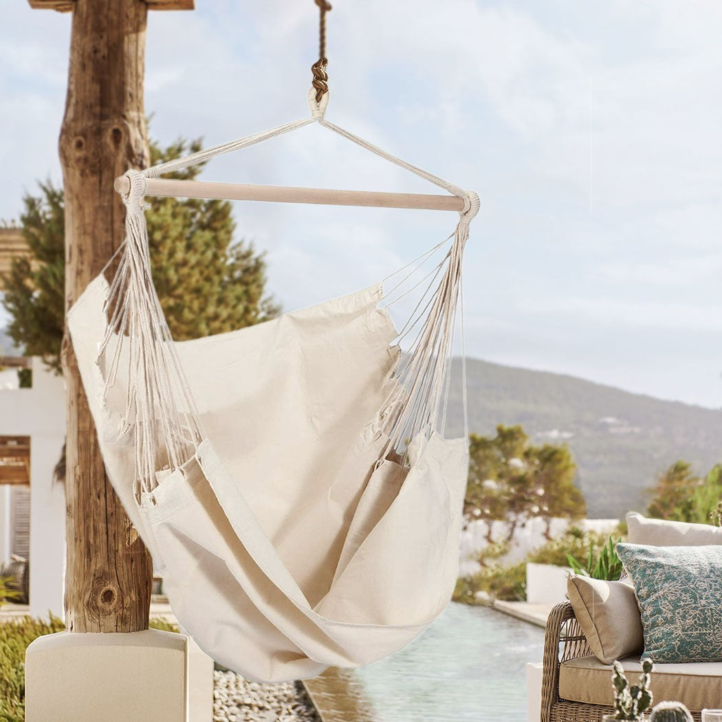 Hamac en coton suspendu CRUDO Support en bois, Chaise à bascule de jardin