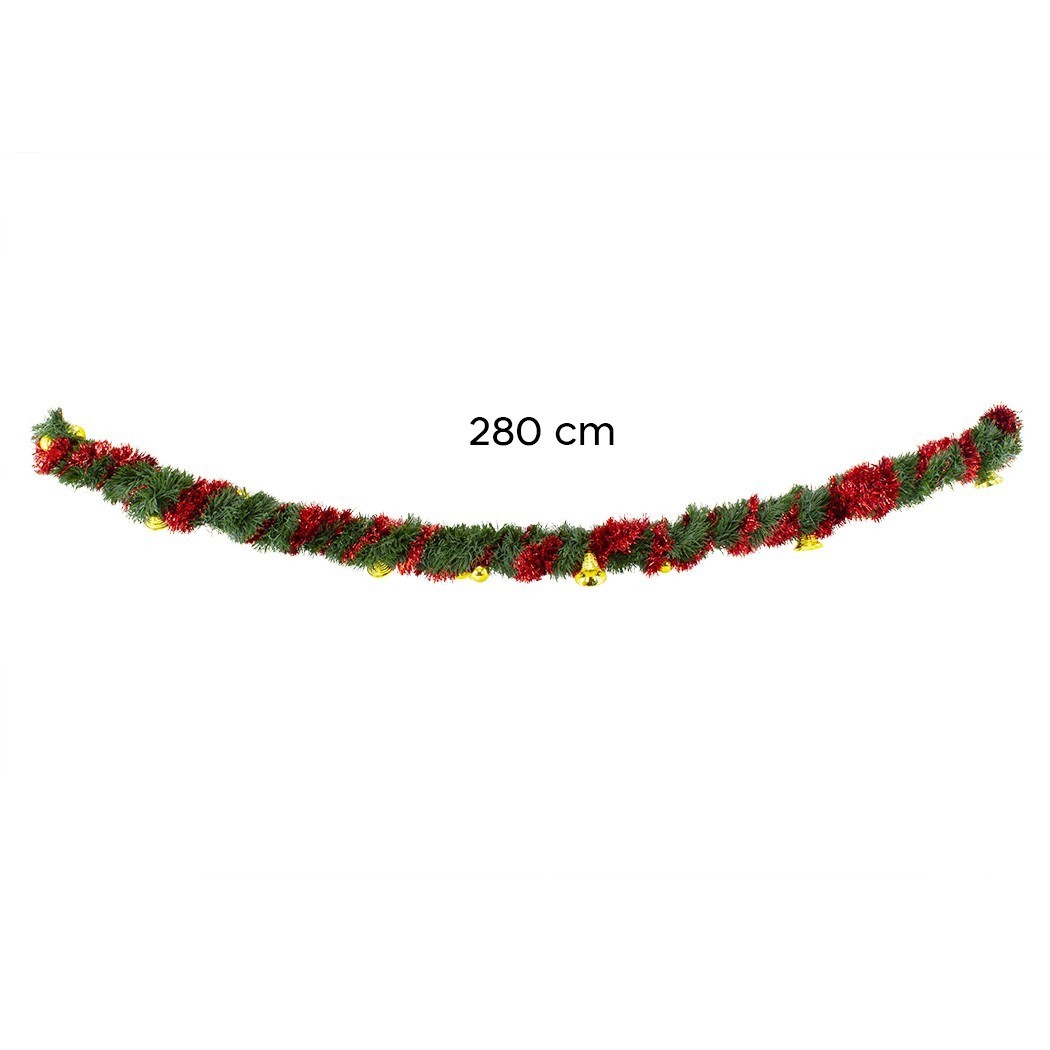 778773 Couronne de Noël tressée 280cm avec cloches, boules rouges et dorées