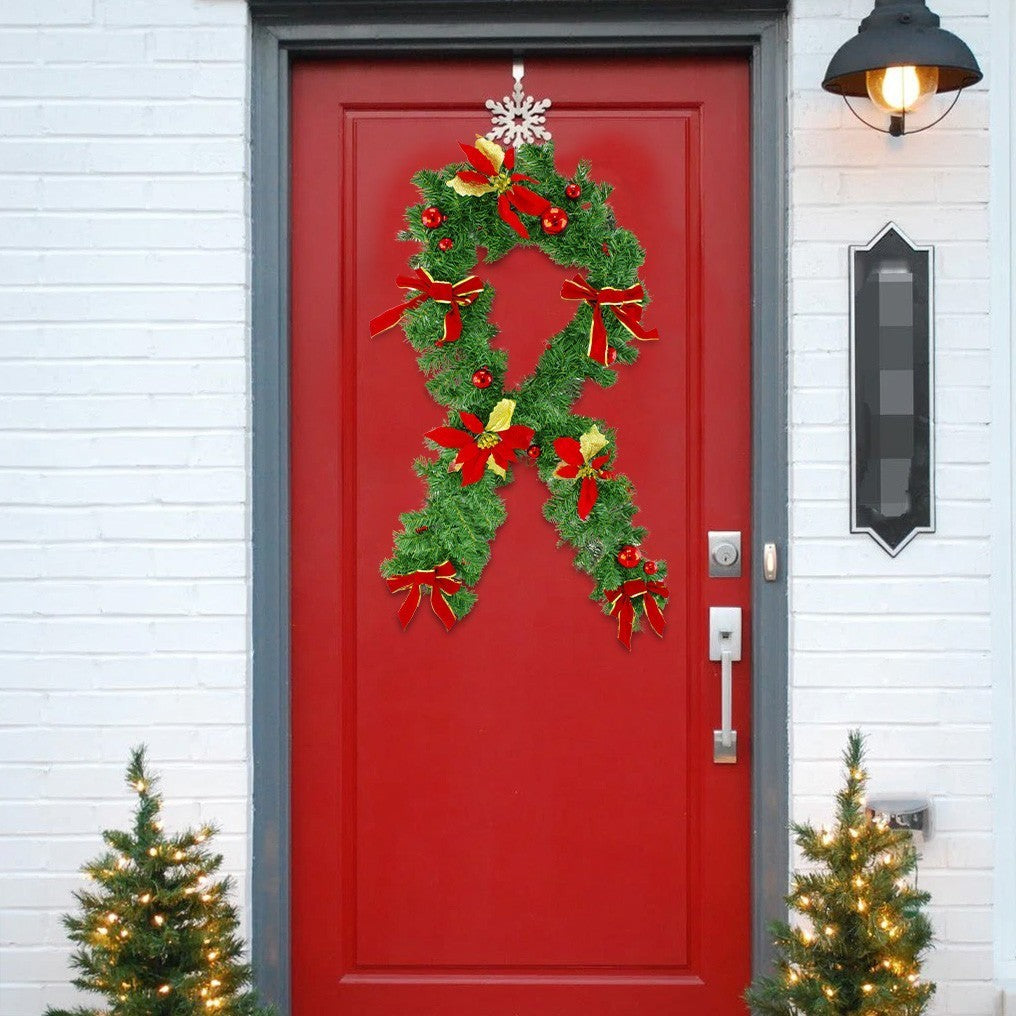 326608 Couronne de Noël pour porte avec nœuds et fleurs rouges 40x95 cm