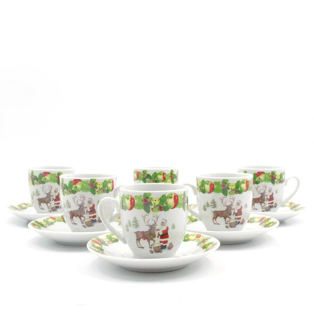 Lot de 6 tasses à café et soucoupes en céramique avec le Père Noël et le renne