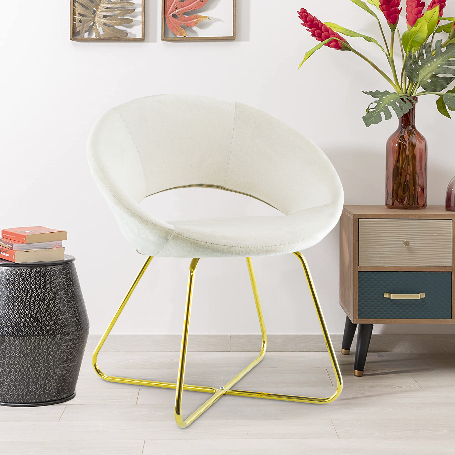 Fauteuil vintage GRETA 66x65x68H cm Chaise effet velours avec pieds dorés